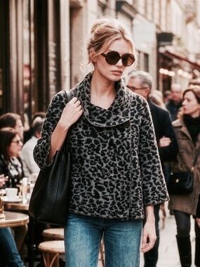 Cynthia Rowley Gray Black Animal Print Wool Blend Sweater Cardigan M Leopard